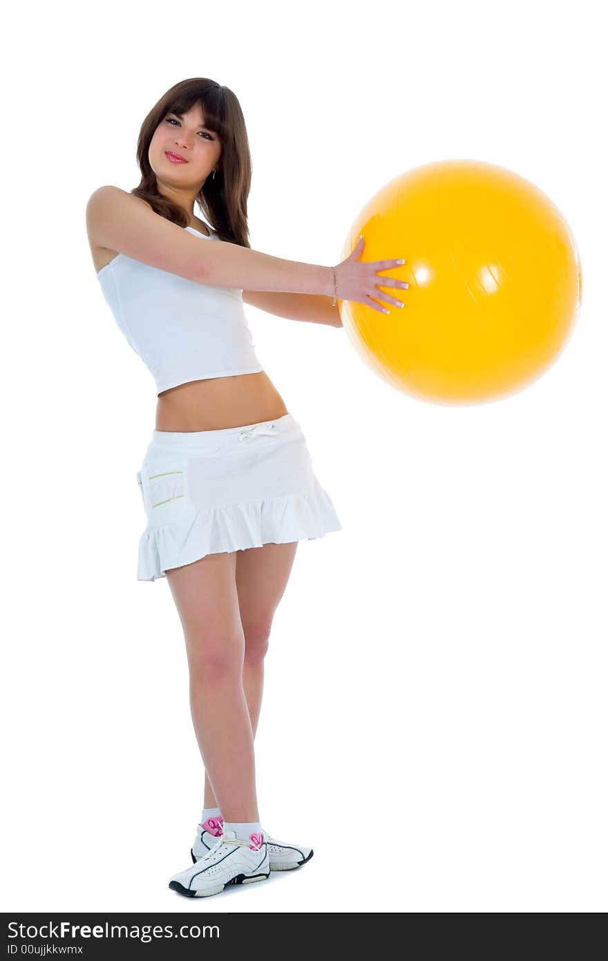 Girl practicing fitness  on  white  background