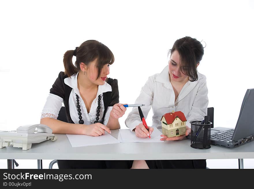 Business woman advertises real estate on white background