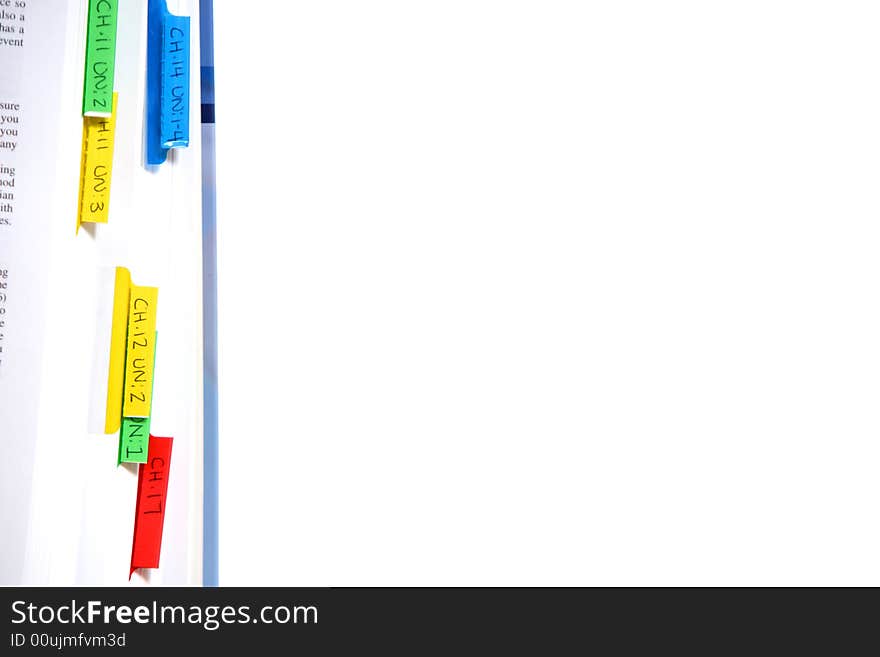 Tabbed chapters in a school book. Tabbed chapters in a school book