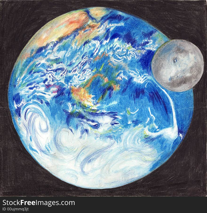 Earth and Moon hand drawn illustration