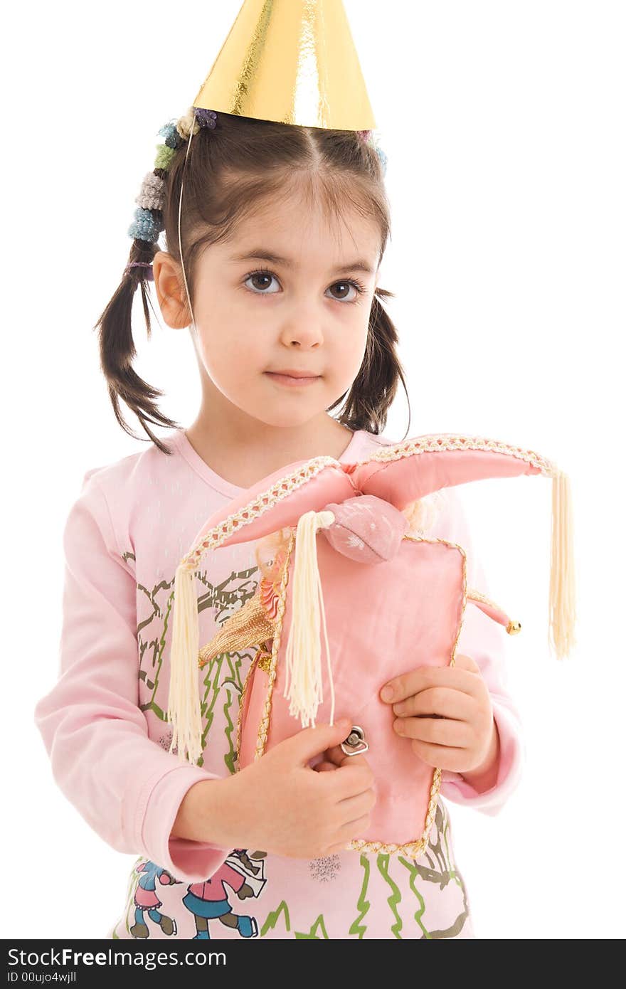 The little girl with a doll isolated on a white background