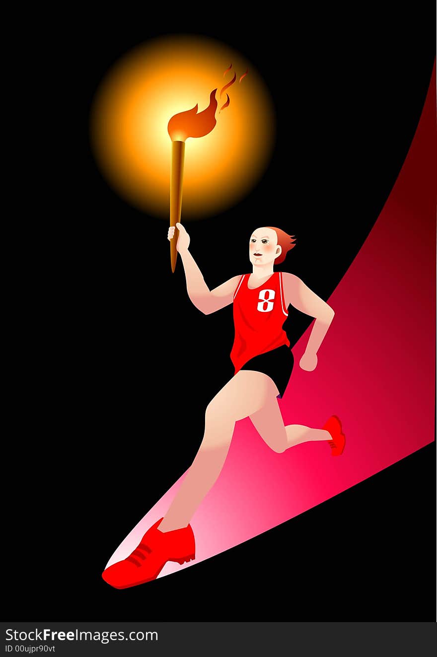 Vector illustration for a torchbearer running in low angle viewing. Metaphor for a new and big step in history