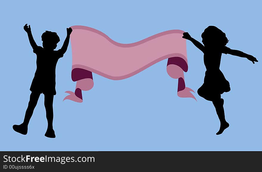 Illustration of two children holding up blank sign. Illustration of two children holding up blank sign