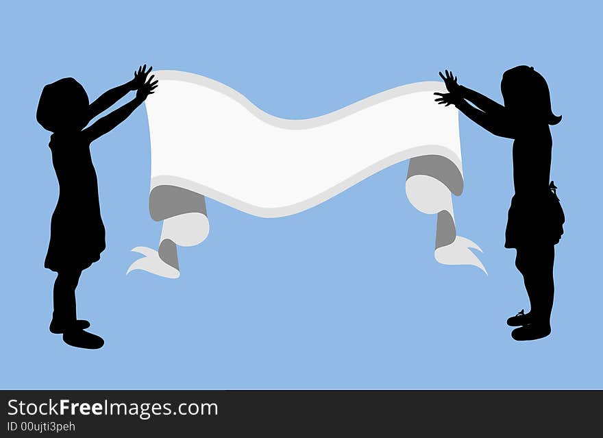 Illustration of two children holding up blank sign. Illustration of two children holding up blank sign