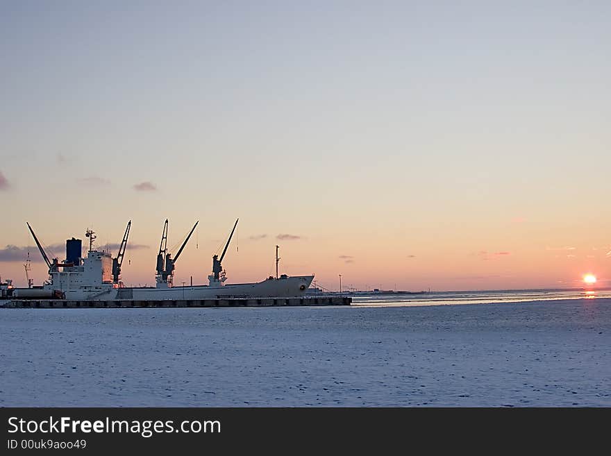 Sea ship in winter ice water. Sea ship in winter ice water