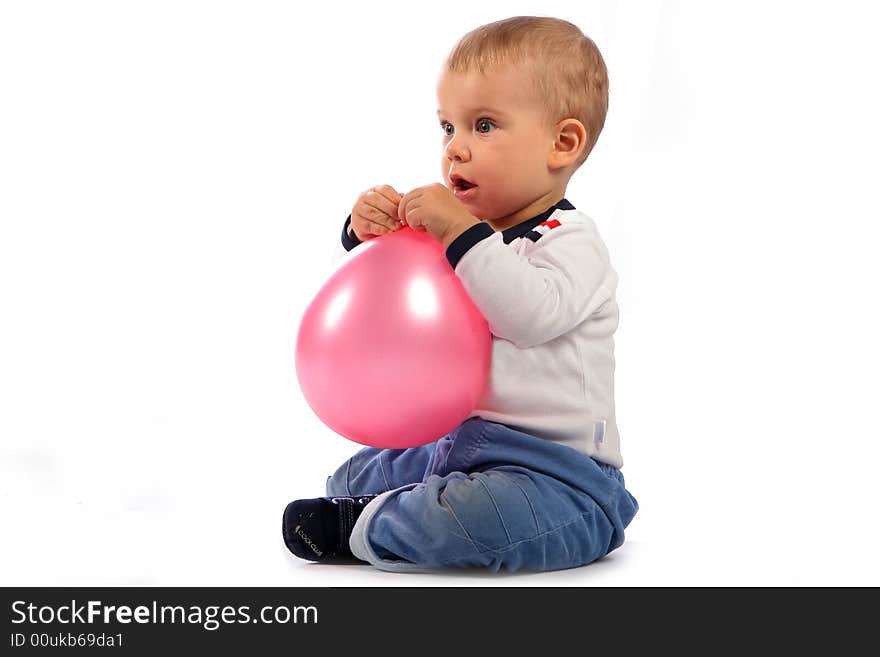 Sitting small girl with pink ballon. Sitting small girl with pink ballon