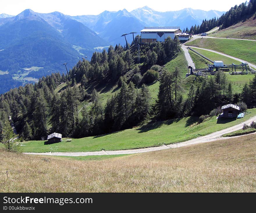 A view of the cable railway on the hill Cavallo in Northern Italy. A view of the cable railway on the hill Cavallo in Northern Italy