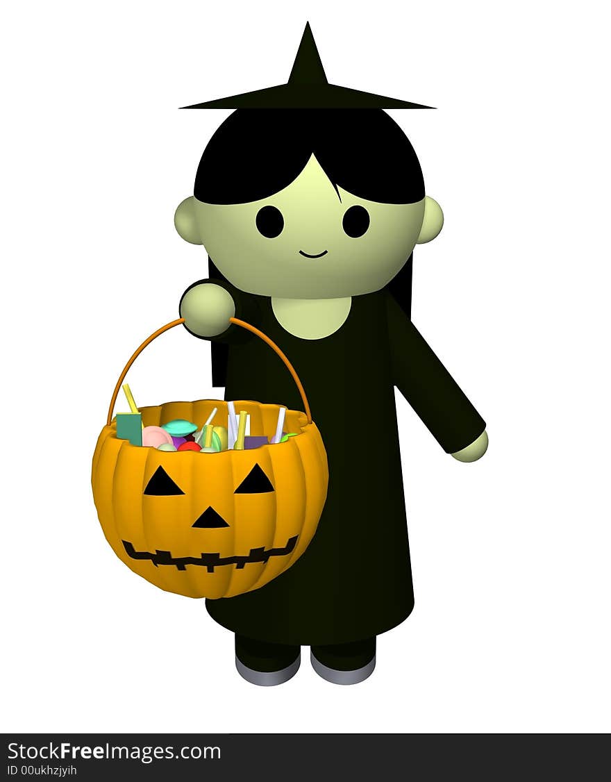 3D illustration of a girl dressed up as a witch collecting candy. 3D illustration of a girl dressed up as a witch collecting candy