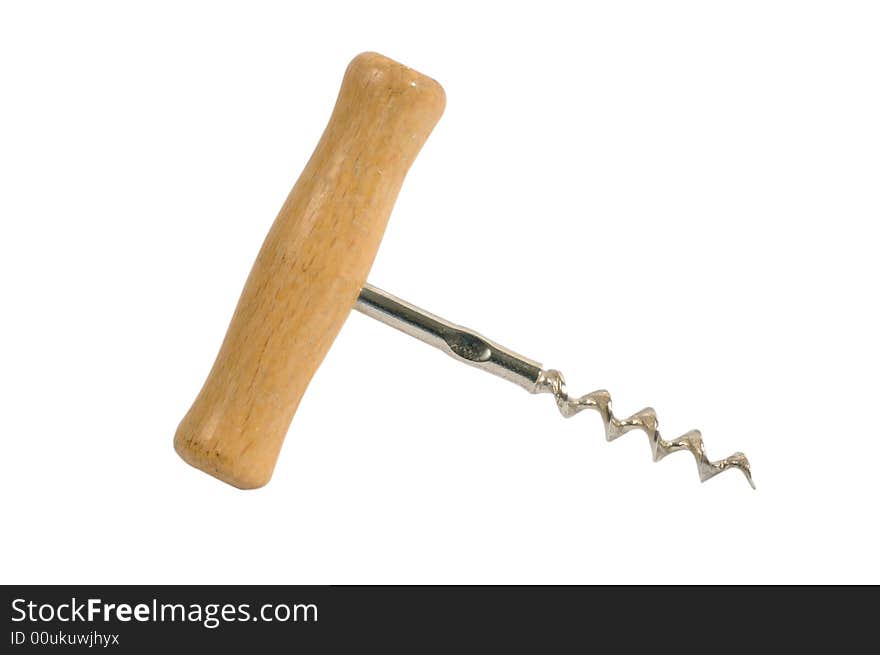 Wooden handle corkscrew on a white background