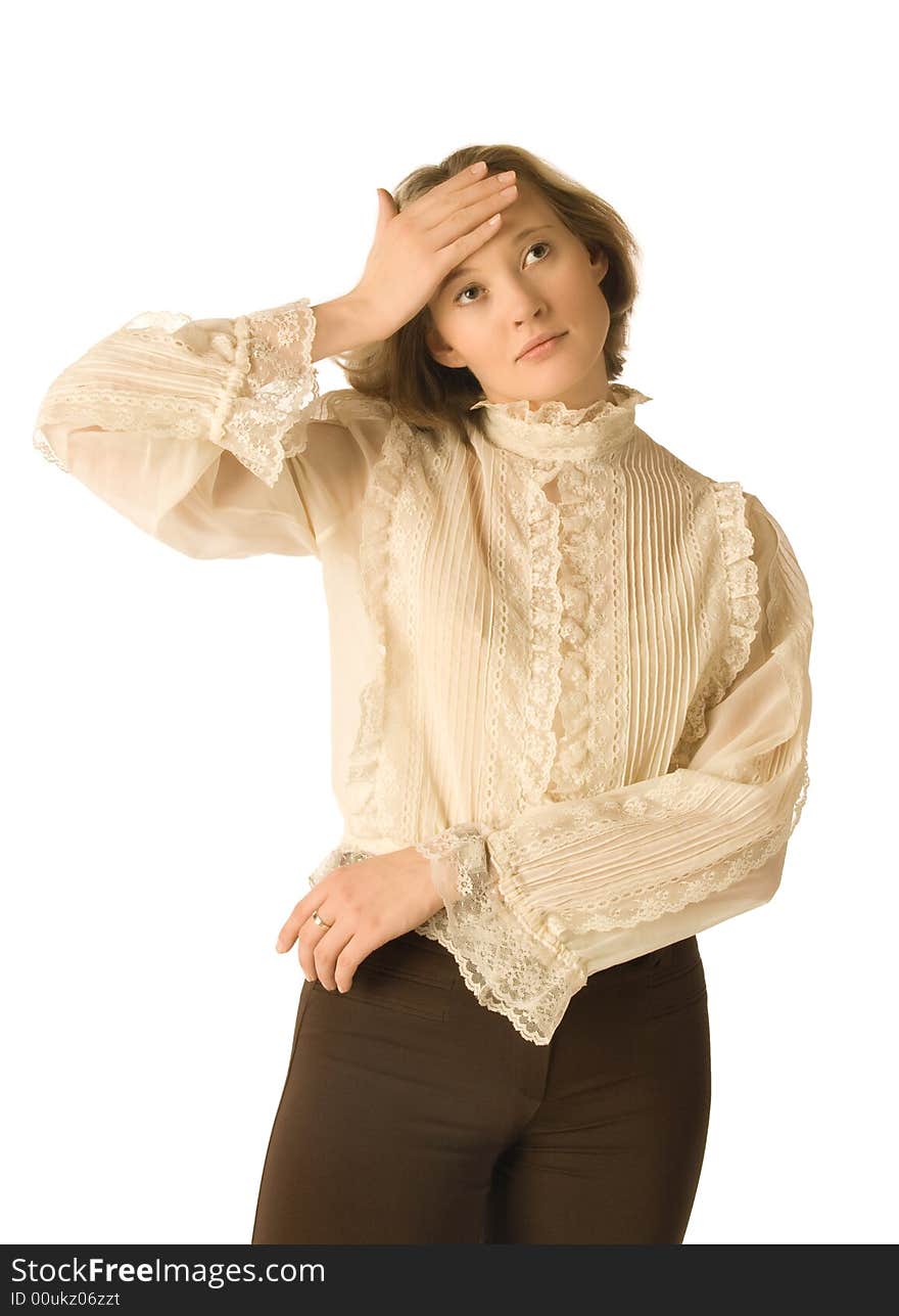 A woman with a headache, white background