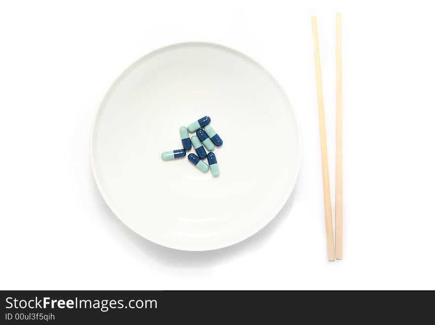 Pills on plate isolated on white background