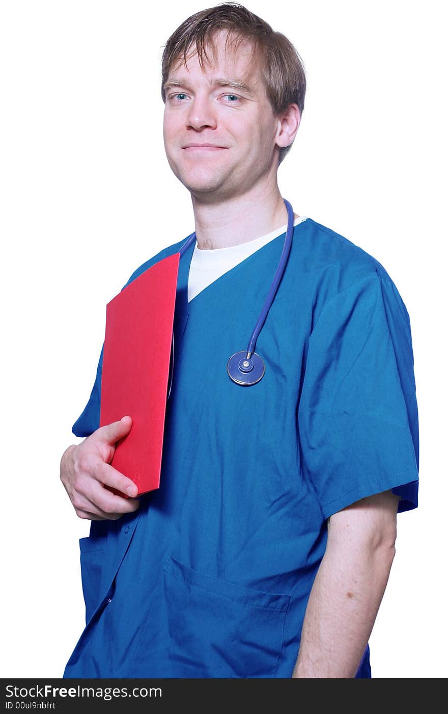 Handsome, tired doctor holding folder. Handsome, tired doctor holding folder