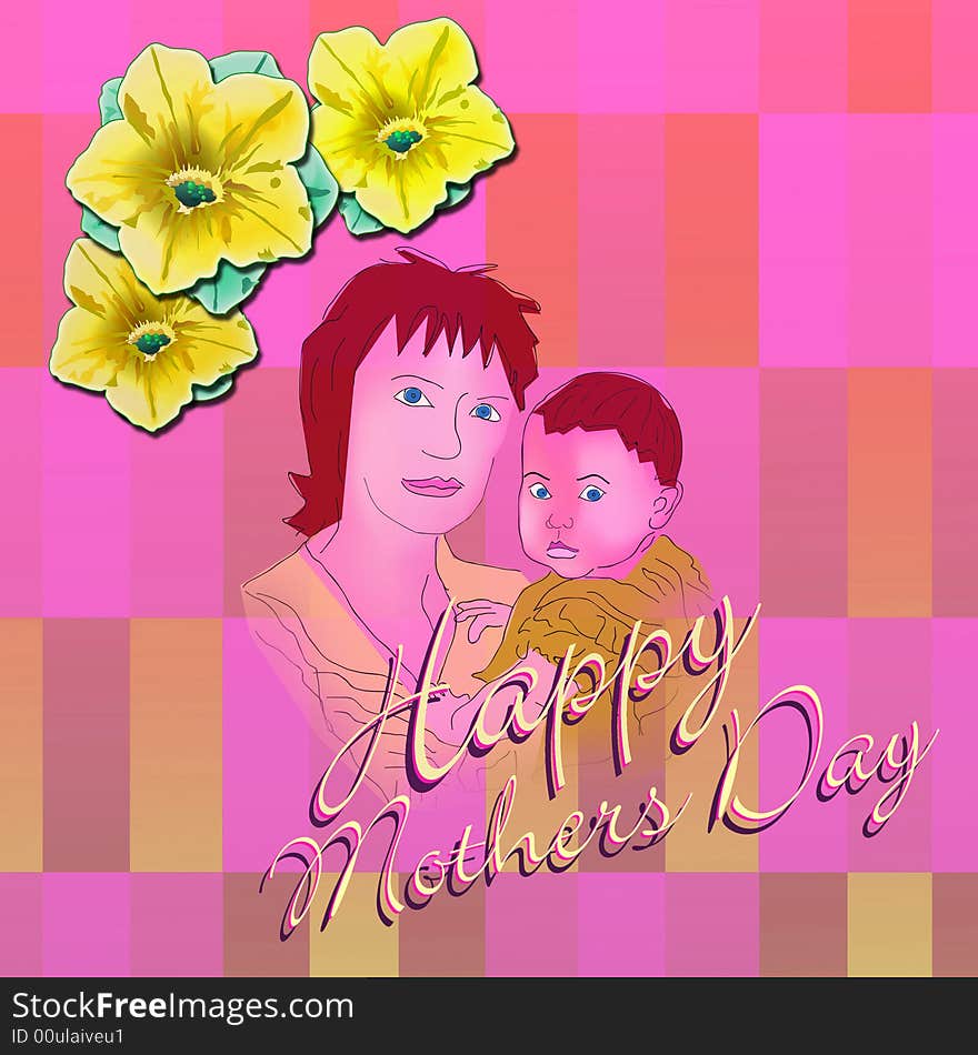 Mother and Child drawing over Happy Mothers day written in script, on a pink and peach plaid pattern wall paper with yellow petunia flowers. Mother and Child drawing over Happy Mothers day written in script, on a pink and peach plaid pattern wall paper with yellow petunia flowers.