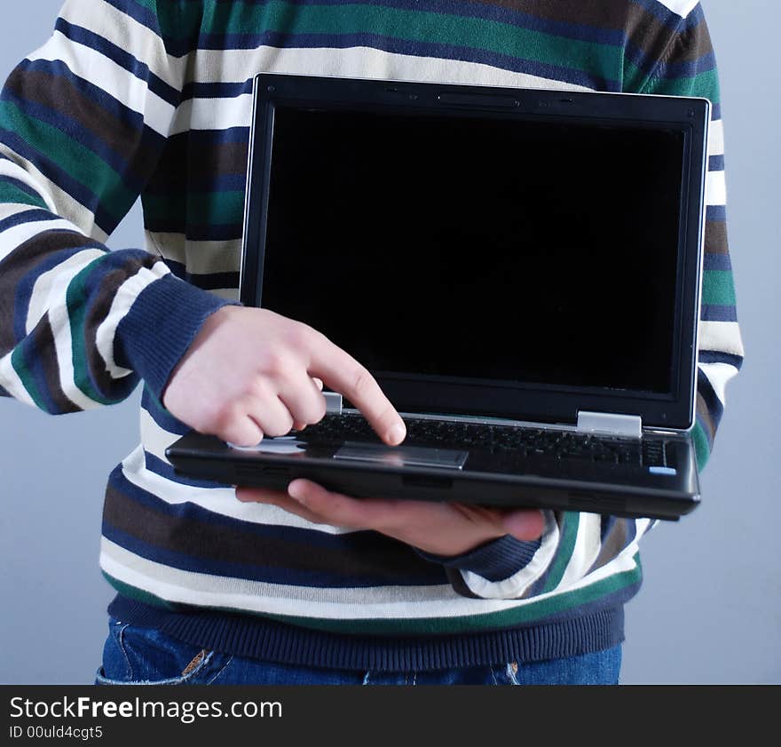 Man with notebook at blue background