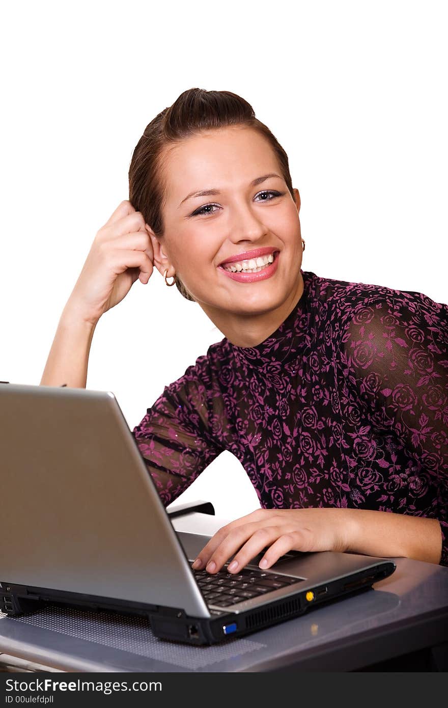 Nice caucasian girl with laptop isolated on white. Nice caucasian girl with laptop isolated on white