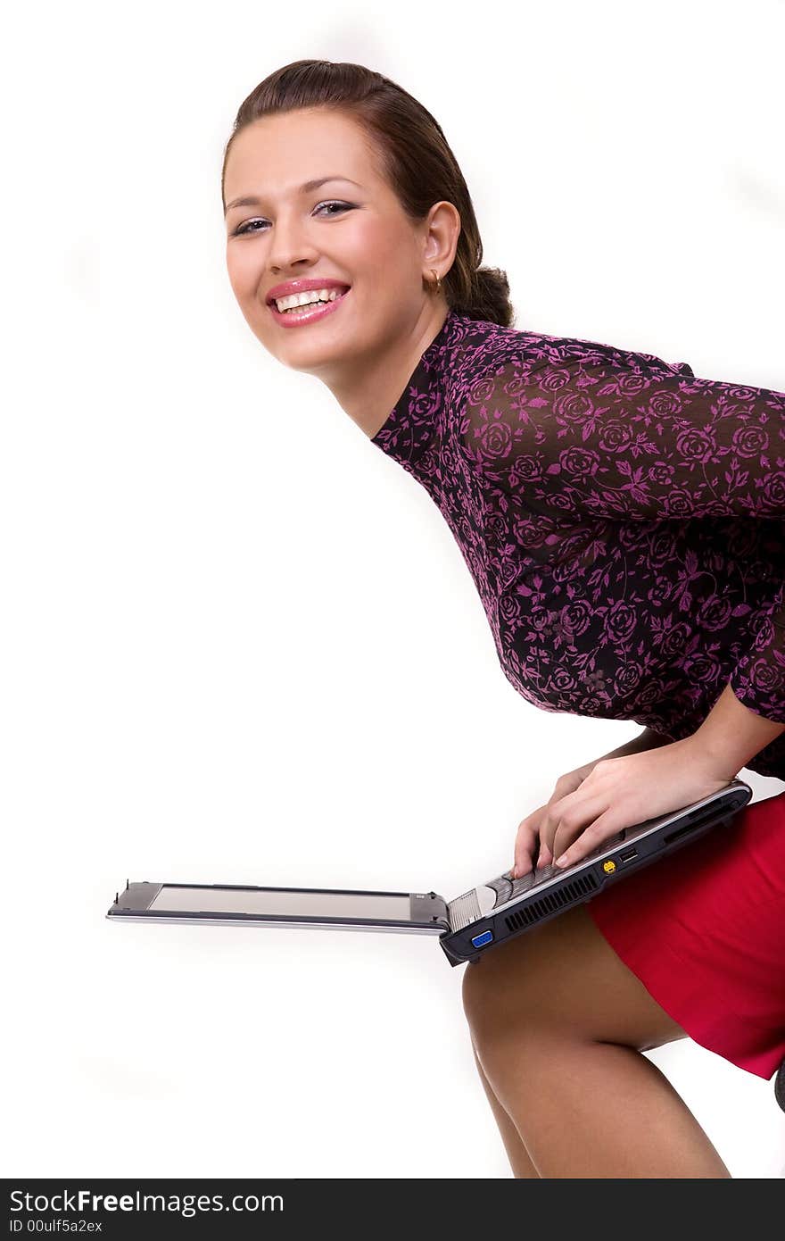 Nice caucasian girl with laptop isolated on white. Nice caucasian girl with laptop isolated on white