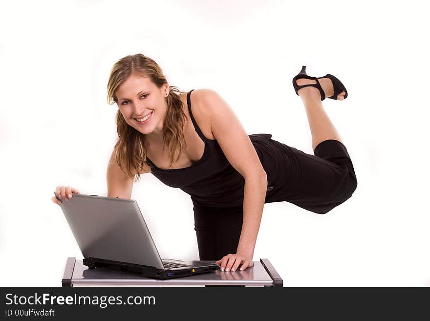 Nice caucasian girl with laptop isolated on white. Nice caucasian girl with laptop isolated on white