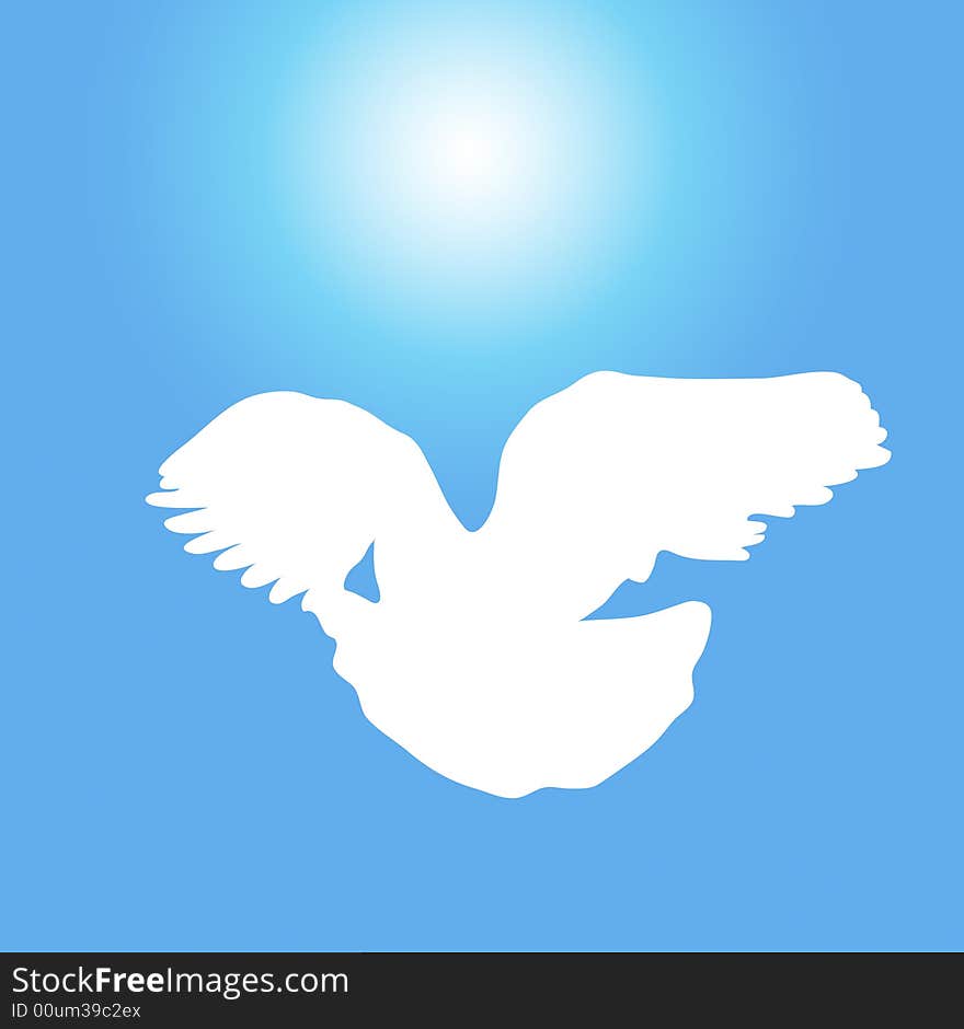 Illustration of white dove flying on sunny blue sky. Illustration of white dove flying on sunny blue sky