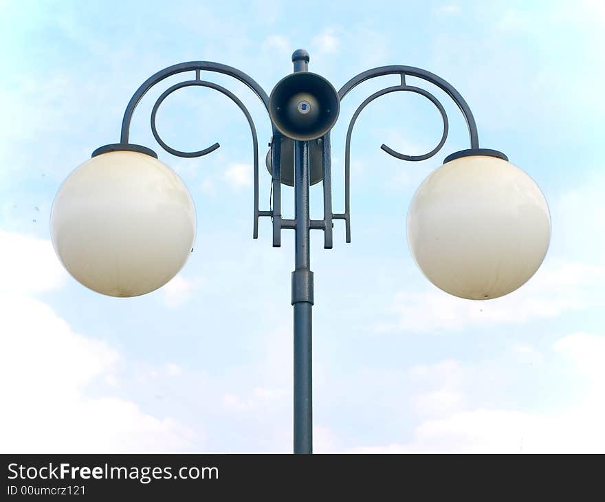 White double street lamp with the speaker. White double street lamp with the speaker