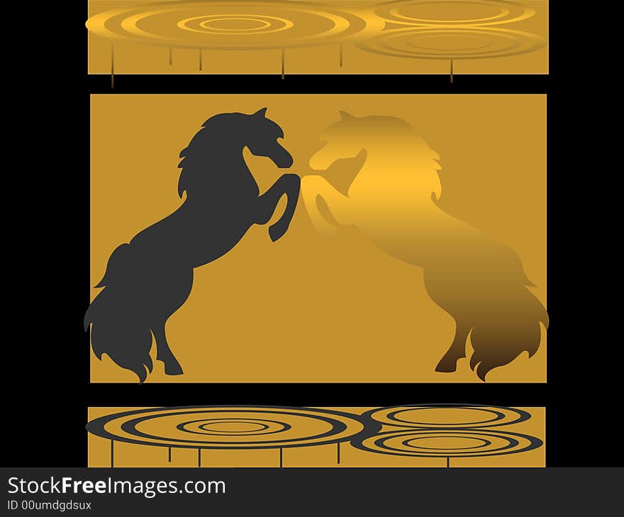 Black and Gold background with depicting two horses in a duel