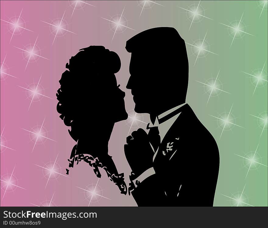 Multicolored bckground with twinkling lights with a silhouette of a romantic couple. Multicolored bckground with twinkling lights with a silhouette of a romantic couple