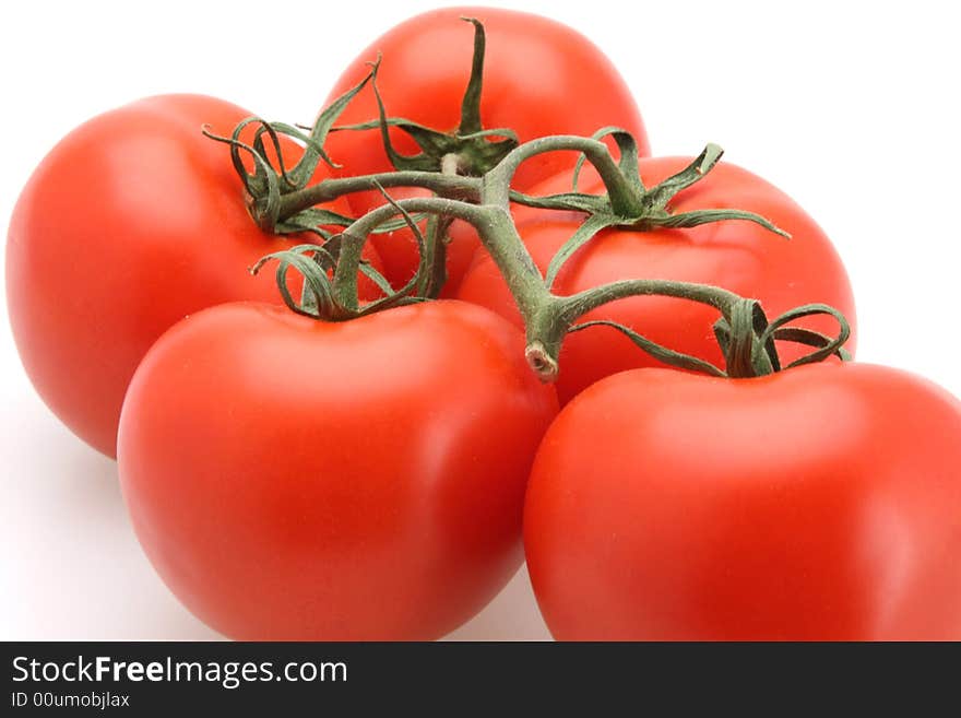 Fresh picked red vine tomatoes white background. Fresh picked red vine tomatoes white background