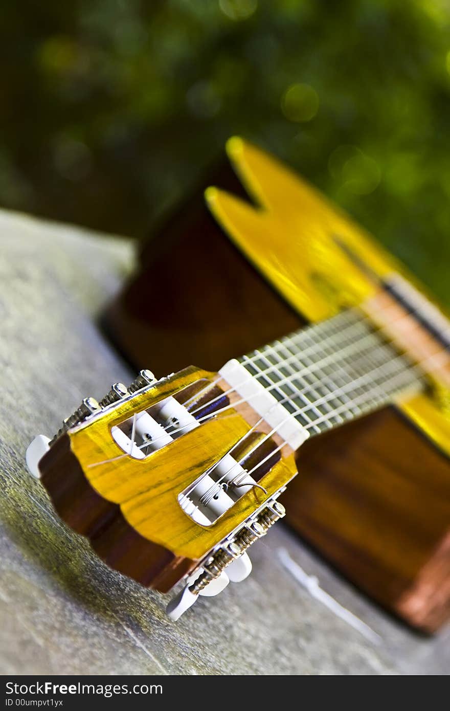 Guitar in perspective, soft focused in green background.