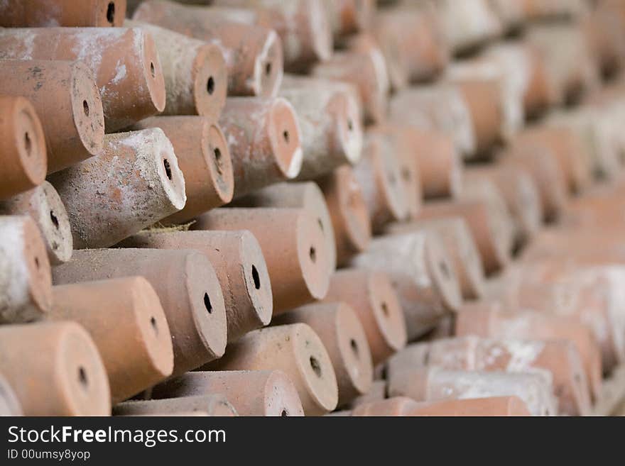 Old clay pots stored away for the winter. Old clay pots stored away for the winter