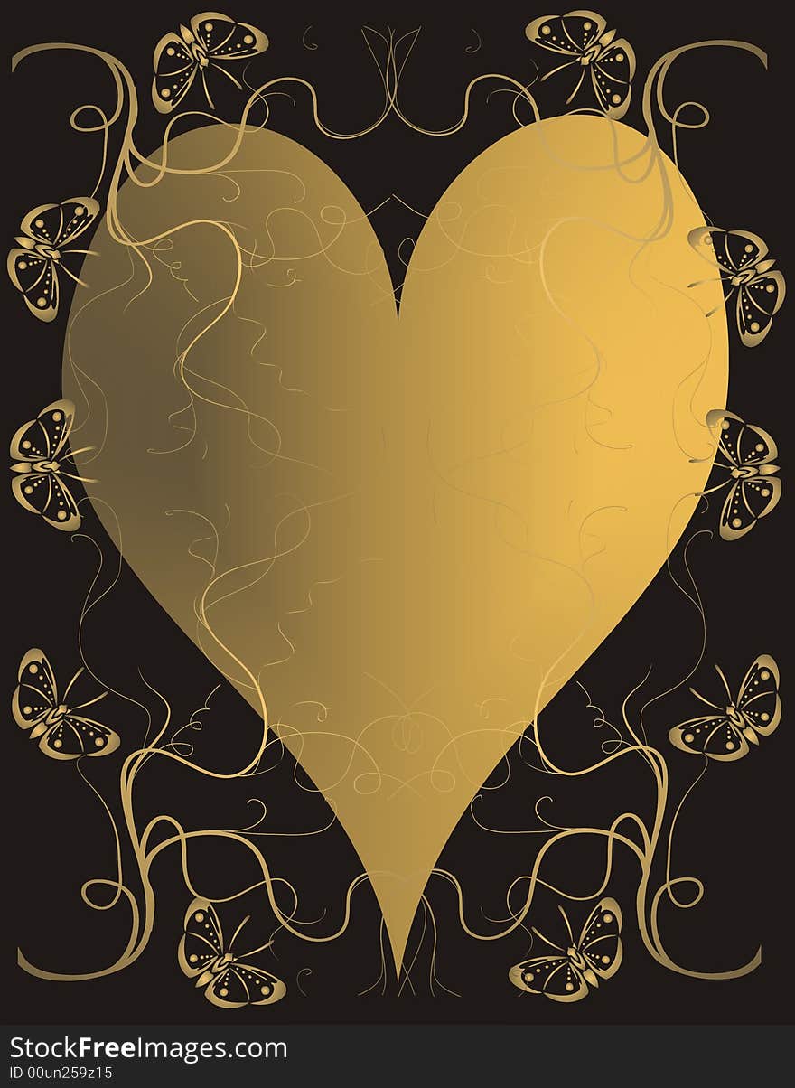 Golden heart on black background - butterfly - illustration. Golden heart on black background - butterfly - illustration