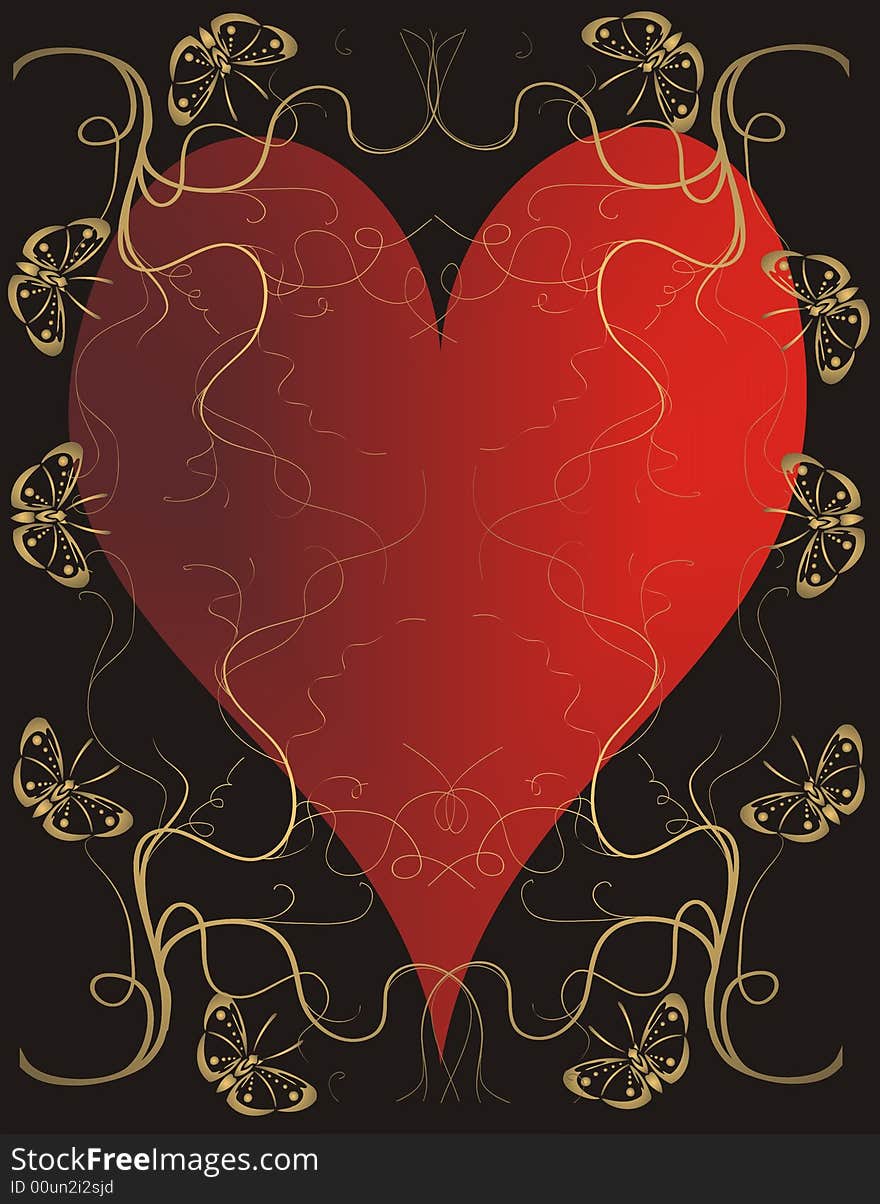 Red heart and butterfly on black background - illustration