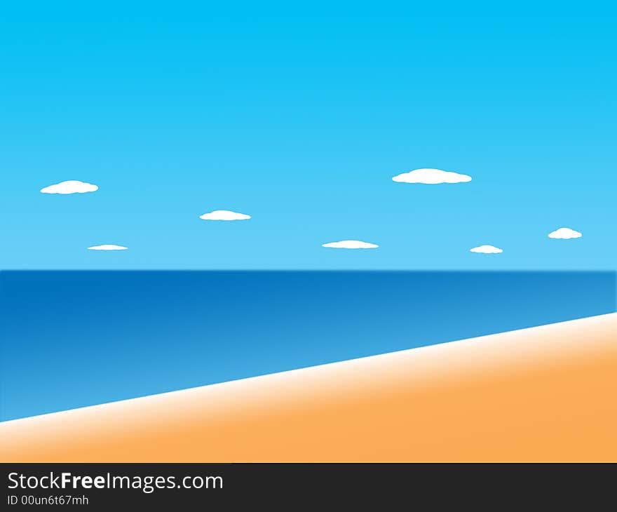 Sandy beach, the sea, the dark blue sky, clouds