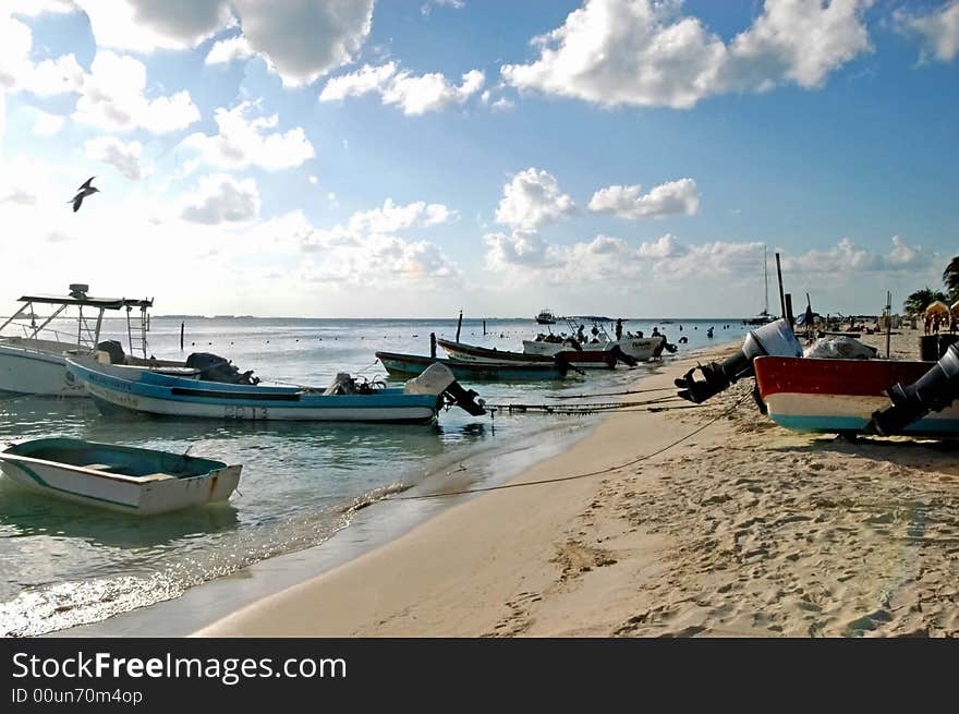 Beach ,canoe, Boats With Beautiful Clouds