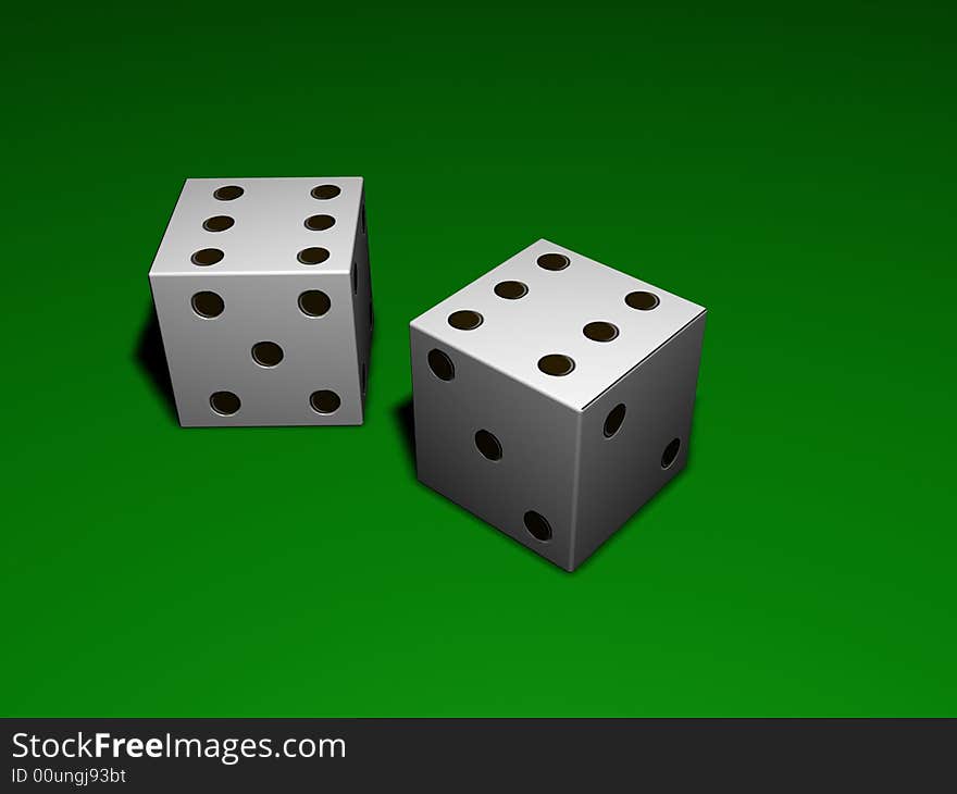 Two white dice on green background. Two white dice on green background.