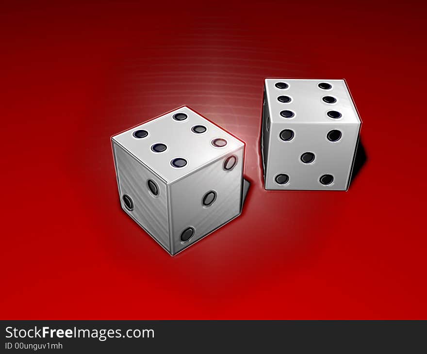 Two shiny white dice on red table