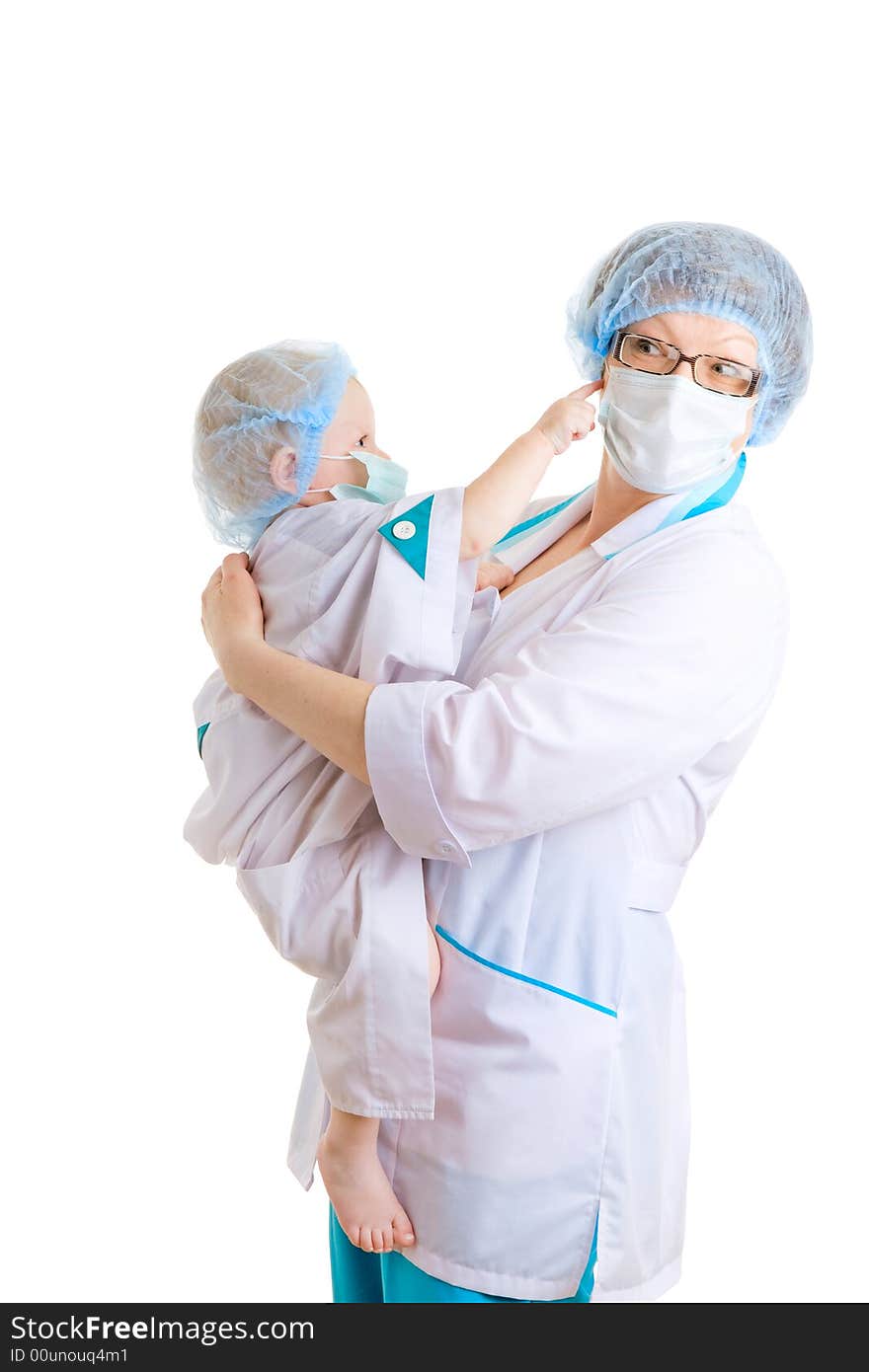 Doctor and a child in medical clothing. Doctor and a child in medical clothing