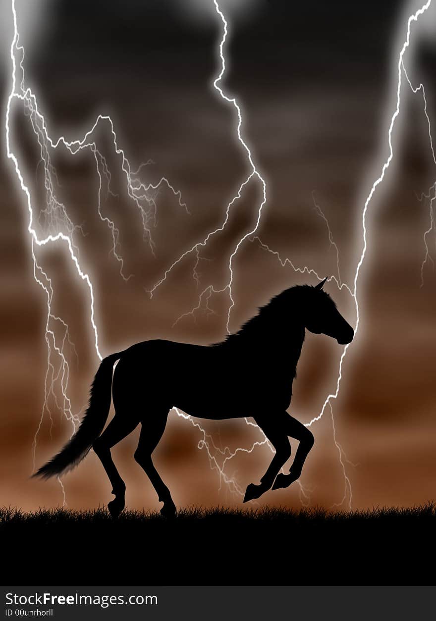 Black horse silhouette running in the storm. Black horse silhouette running in the storm