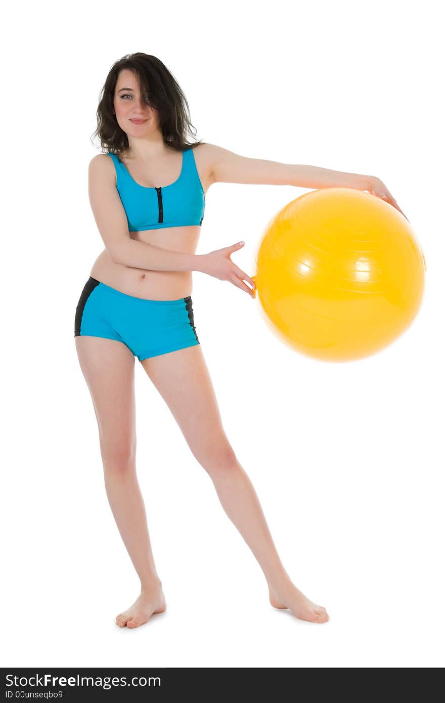 Girl practicing fitness on white background