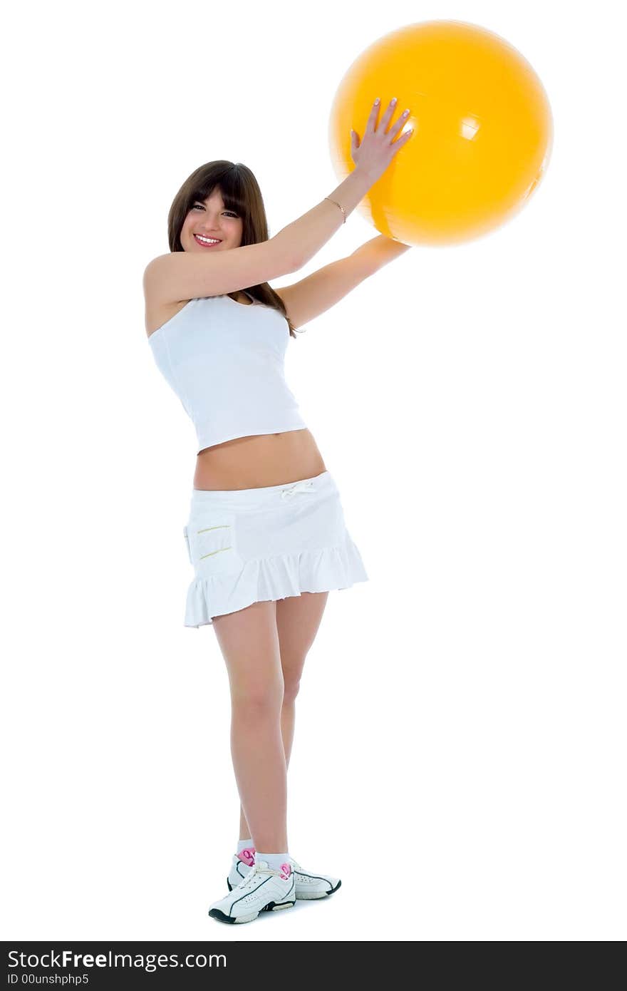 Girl practicing fitness  on  white  background