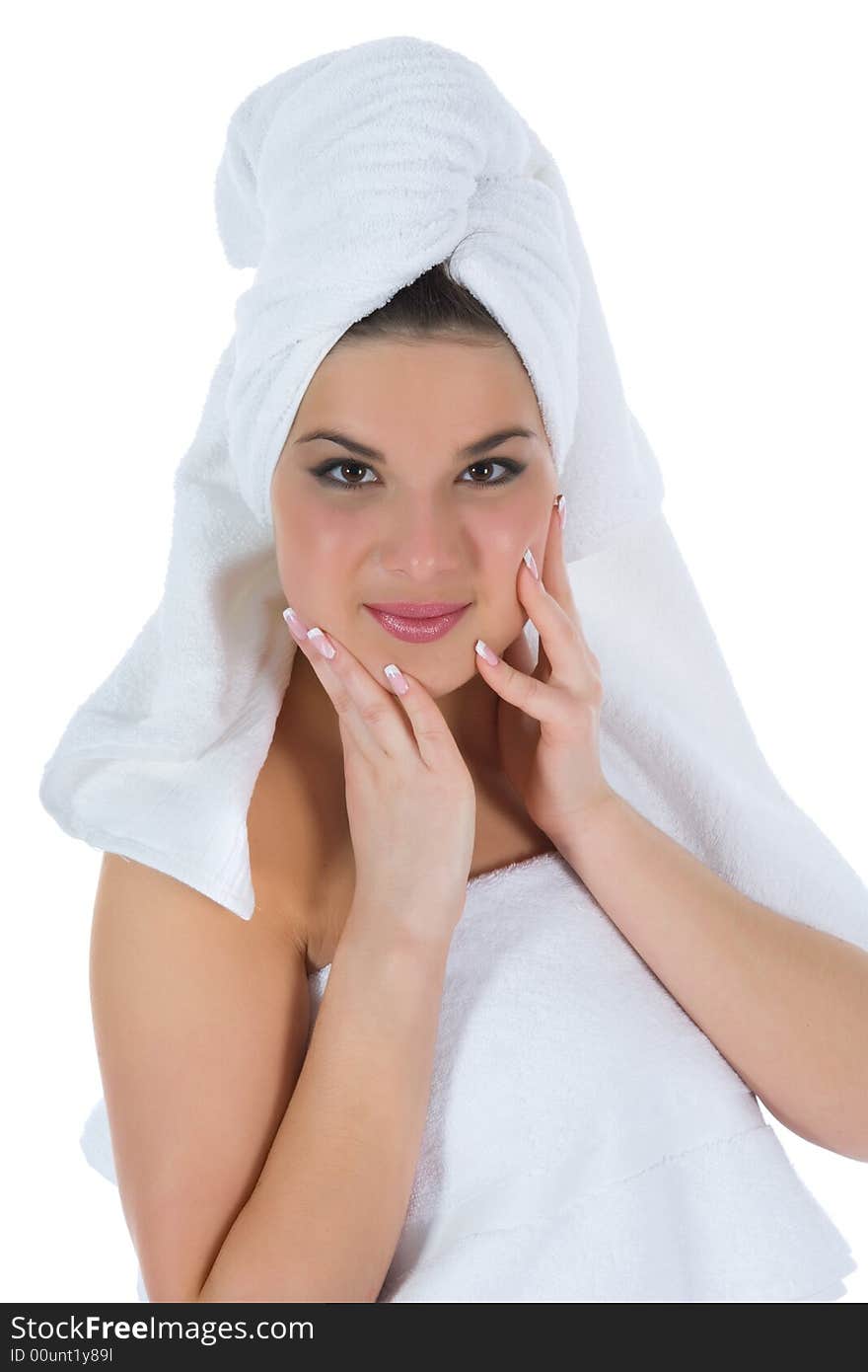 Beautiful girl with towel on white