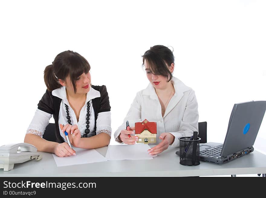 Business woman advertises real estate on white background