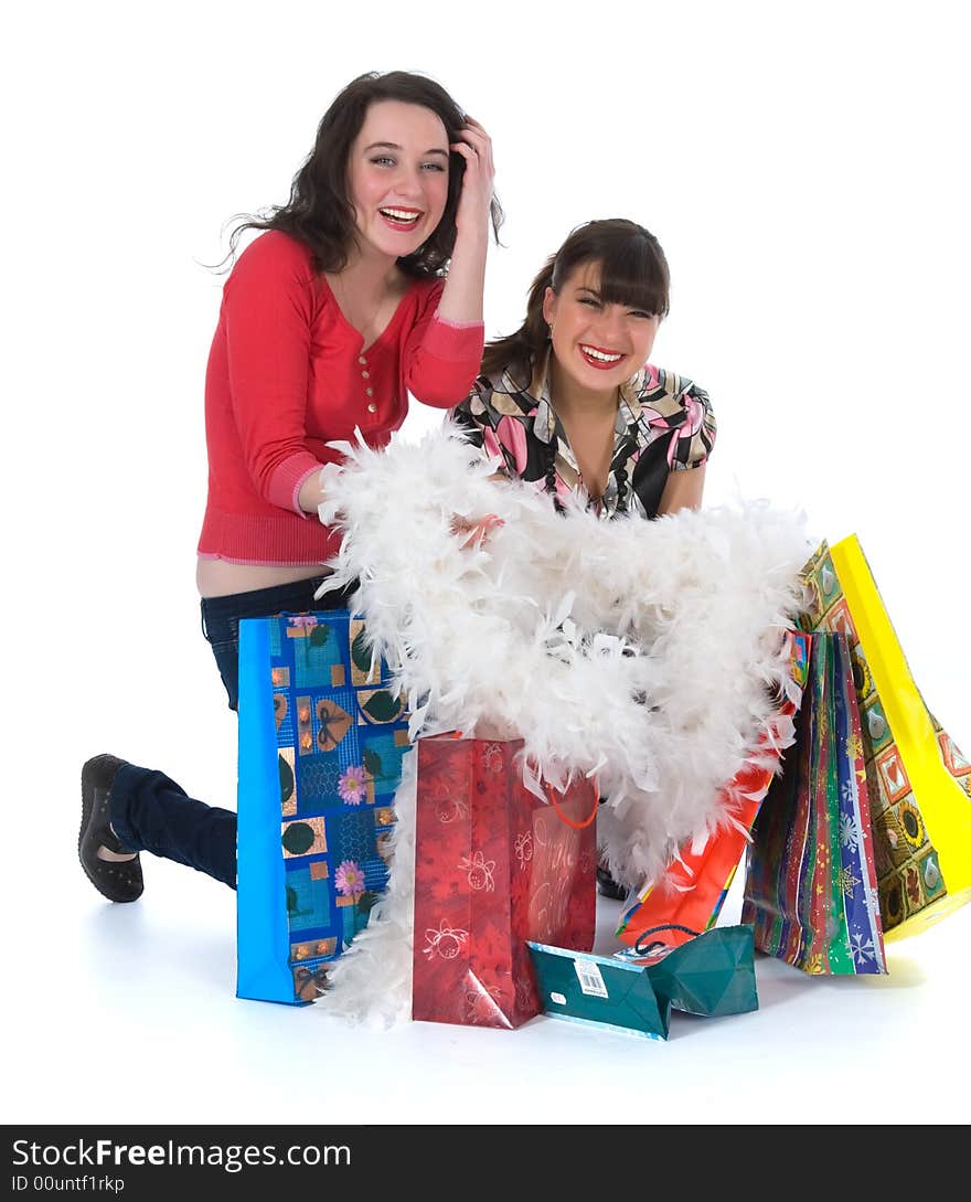 Expressive girls  on white background  shopping. Expressive girls  on white background  shopping