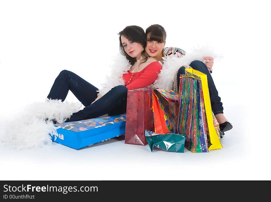 Expressive girls  on white background  shopping. Expressive girls  on white background  shopping