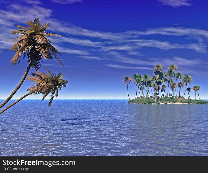 Coconut palm trees on a small island - digital artwork. Coconut palm trees on a small island - digital artwork