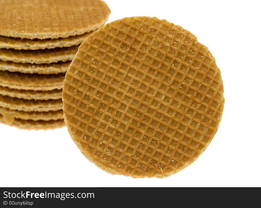 Dutch waffle called a stroopwafel isolated on a white background. Dutch waffle called a stroopwafel isolated on a white background