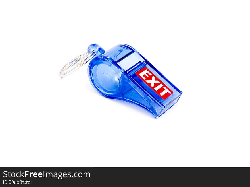 Blue whistle on a white background with the word exit