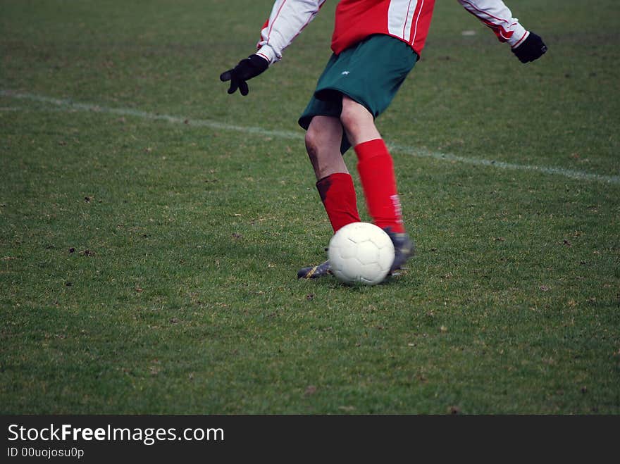 A soccer player kicking the ball