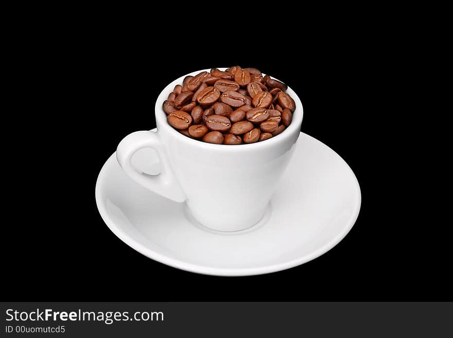 White cup of coffee full of beans