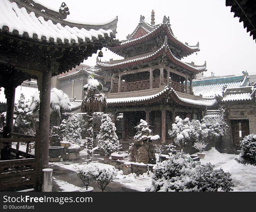 Snow in the temple, China traditional style construction, Xi'an, Shannxi, China