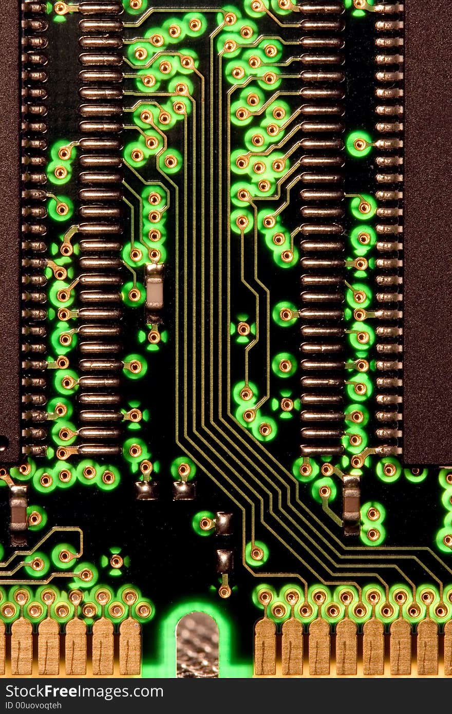 Orthographc closeup of a computer memory chip with glowing nodes. Orthographc closeup of a computer memory chip with glowing nodes.