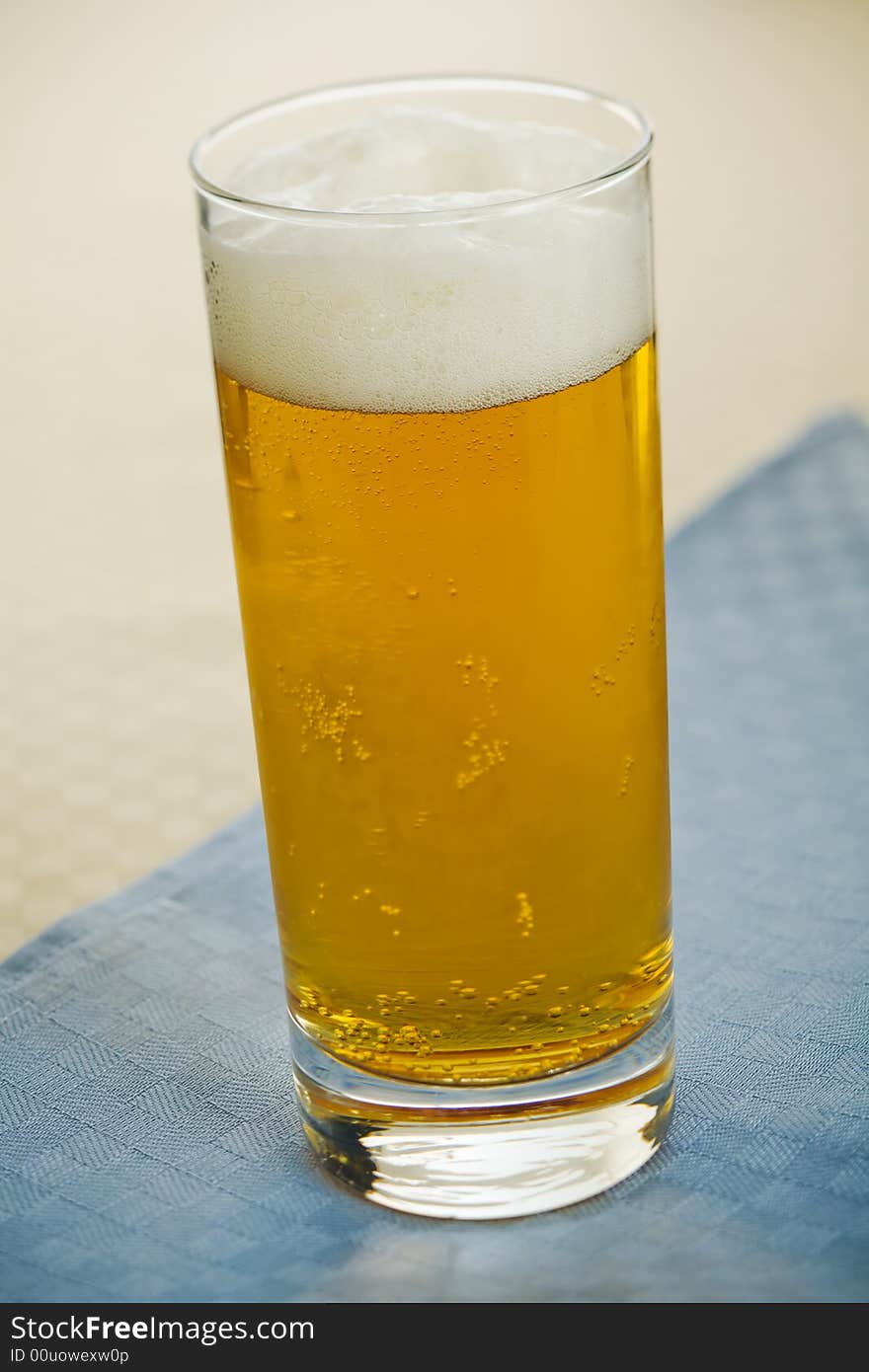 Beer glass ( lager ) on the kitchen table